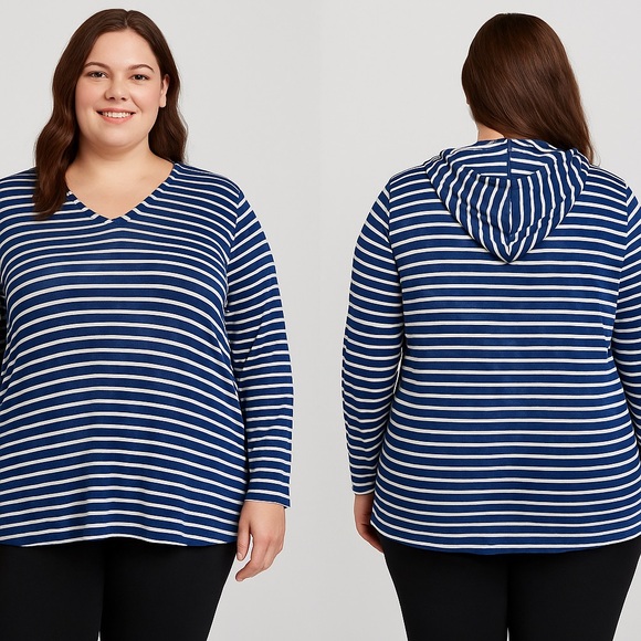 Christopher & Banks Tops - Christopher & Banks Navy White Striped Hooded Top XL